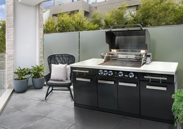 MA - 957 5 - Burner 63000 BTU Black Stainless Steel Outdoor Kitchen Bar Gas Island Grill W/ Infrared Rear Burner + Rotisserie Kit + Granite Countertop + Storage Cabinets & Full Weather Cover - Melillo EnterprisesAll categories